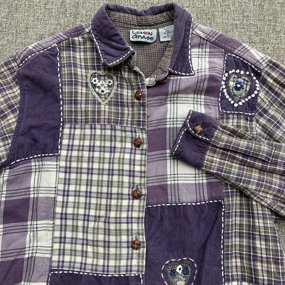 VTG Lemon Grass Purple Patchwork Embroidered Plaid Shirt M Long Sleeve Boho - Picture 1 of 7